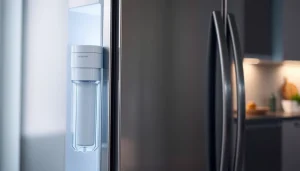 Waterdrop DA97-17376B Replacement for Samsung® HAF-QIN/EXP filter installed in a modern refrigerator, highlighting water clarity.