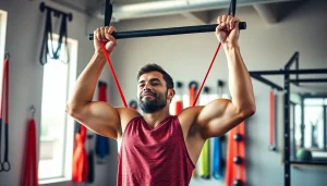 Engaged athlete performing pull-ups with colorful pull-up assist bands in a motivating gym setting.