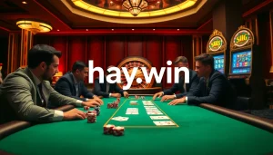 Players strategizing their next move at the hay.win poker table, surrounded by vibrant gaming elements.