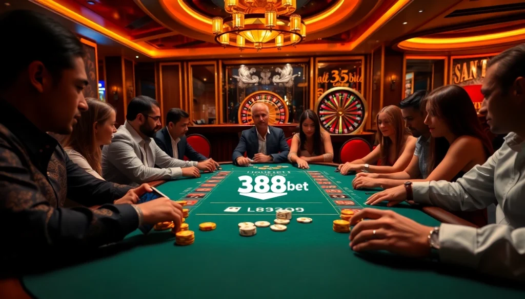 Exciting poker game at 388bet casino with vibrant chips and cards.