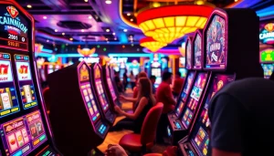 Menggambarkan suasana permainan slot deposit 1000 yang ramai dan energik dengan mesin slot yang berkilau.