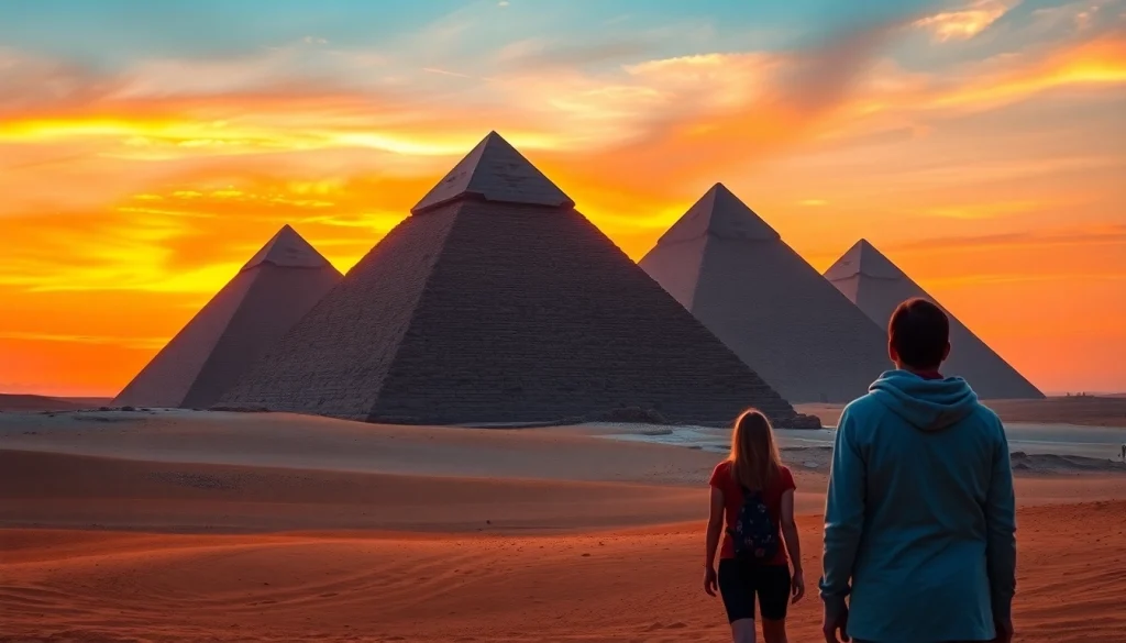 Visitors admiring pyramids highlighting the grandeur of ancient structures.