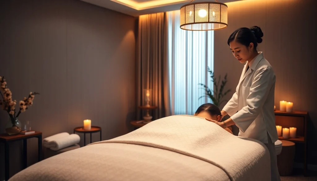 출장마사지: Professional therapist provides a high-quality massage in a serene environment with soothing colors and ambient lighting.