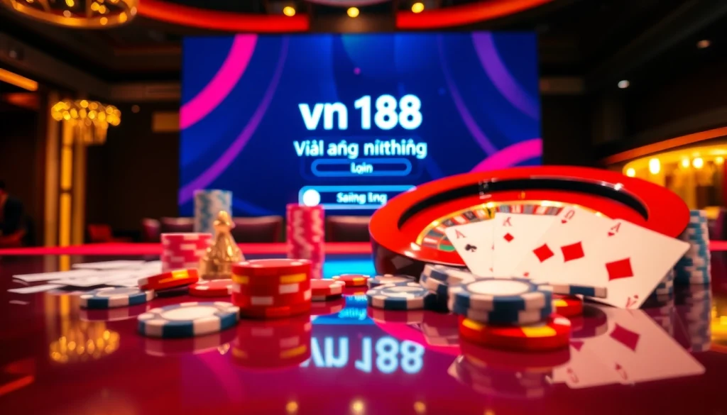 Engaging scene of casino elements for vn168 đăng nhập, showcasing poker chips, cards, and a roulette wheel.