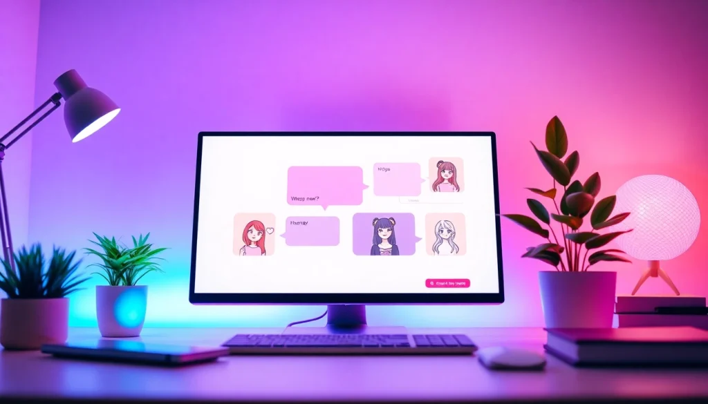 Interactive NSFW character AI chat interface with vibrant character illustrations and a modern workspace.
