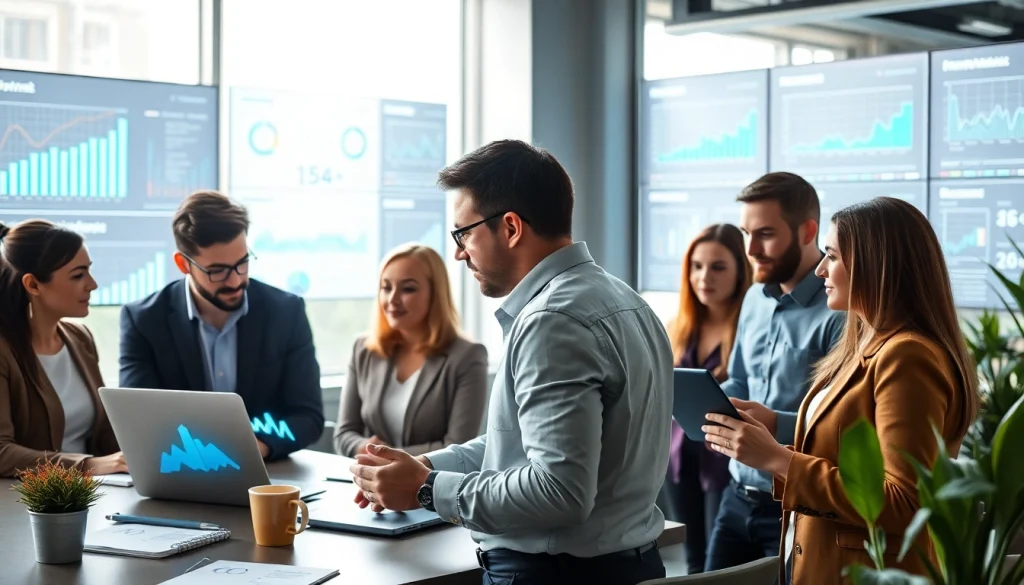 Visualize competitive intelligence for sales with a diverse team analyzing data in a modern office.