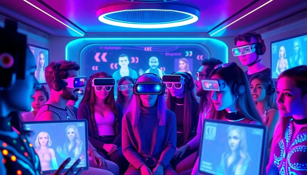 Futuristic digital chatroom with diverse avatars, showcasing best nsfw ai chatbots.