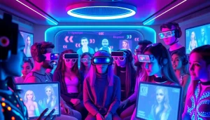 Futuristic digital chatroom with diverse avatars, showcasing best nsfw ai chatbots.