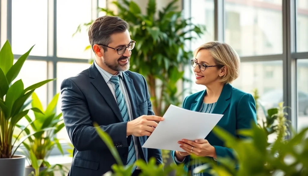 Environmental lawyer assisting a client in a sustainable office space emphasizing eco-friendly practices.