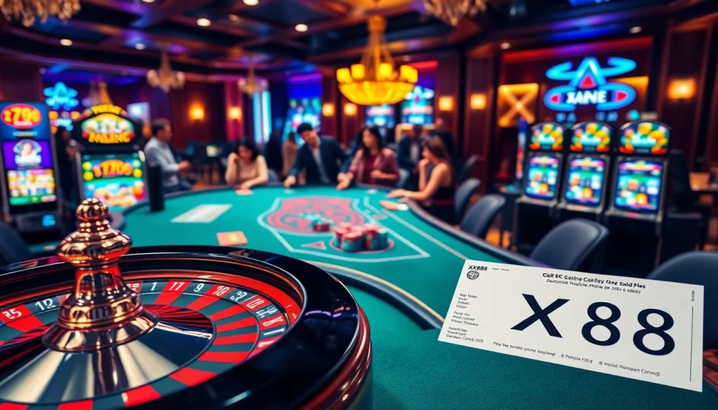 Players enjoying high-stakes games at XX88 casino, with chips and roulette wheel on display.