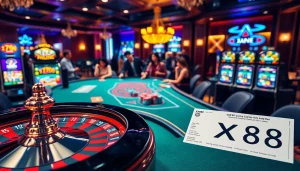 Players enjoying high-stakes games at XX88 casino, with chips and roulette wheel on display.