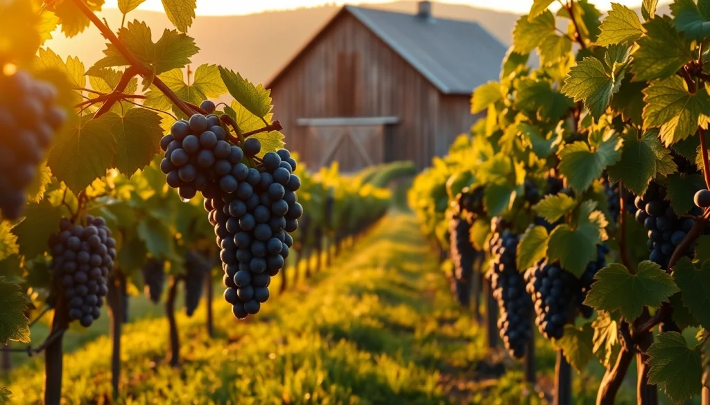 Experience the beauty of Clarksburg wineries with sunset over vineyards and ripe grapes.
