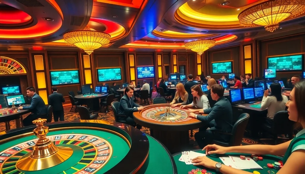 Engaging gamblers playing at nhà cái sa88's luxurious casino tables with vibrant atmosphere.