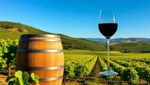 Grape vines and a wine barrel represent wineries in Clarksburg's rich viticulture.