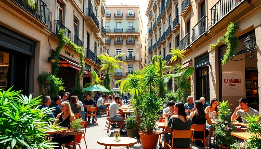 Les membres profitent d'un moment de détente dans un social club Madrid, entourés de verdure et d'architecture locale.
