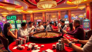 Experience thrilling gameplay at a casino with indoxxi influences, featuring vibrant roulette tables and colorful slot machines.