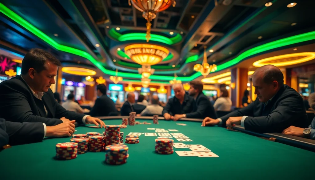 Pinco Casino poker oyunçuları poker masasında diqqətlə oyun oynayır.