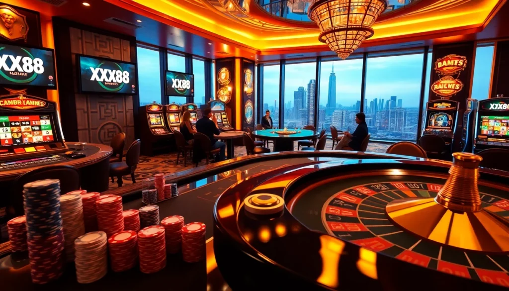 Experience the thrill of gambling at XX88 with vibrant casino visuals, poker chips, and slot machines.