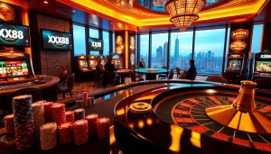 Experience the thrill of gambling at XX88 with vibrant casino visuals, poker chips, and slot machines.
