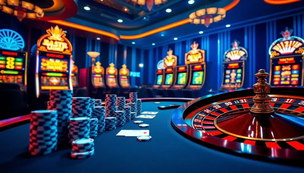 Nha cai nova88 showcases thrilling poker gameplay at a luxurious casino table with bright slot machines.