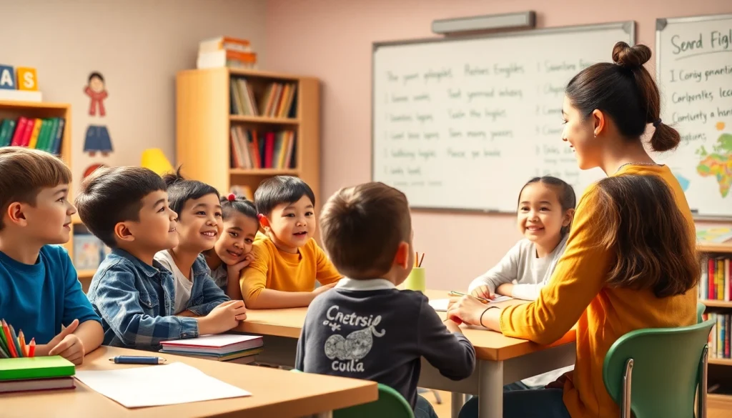 ベルリッツキッズ 口コミを強調する、英語を学ぶ子どもたちが活発に学ぶ教室の場面。