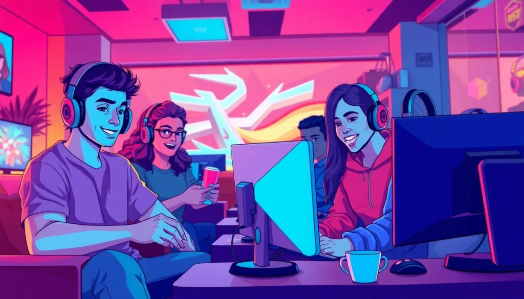 Excited gamers immersed in free porn games at a modern lounge.