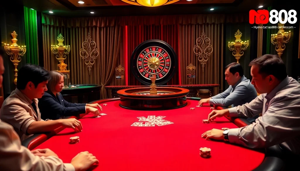Experience the excitement of nhà cái nova88 with vibrant casino gaming scenes featuring poker tables and roulette wheels.