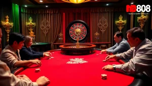 Experience the excitement of nhà cái nova88 with vibrant casino gaming scenes featuring poker tables and roulette wheels.
