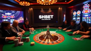 Engage with the vibrant casino scene at https://shbet.law/ featuring players at a poker table and a spinning roulette wheel.