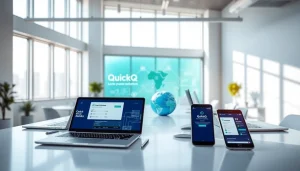 在现代工作空间中发现 QuickQ官网界面，展示高科技设备与全球连接。