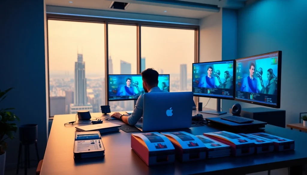 Transform video to prompt AI in a modern workspace filled with vibrant tech.
