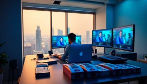 Transform video to prompt AI in a modern workspace filled with vibrant tech.