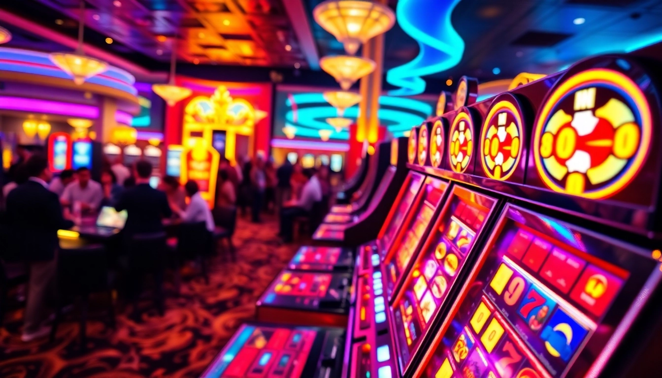 Permainan slot online menarik di kasino dengan mesin berwarna-warni yang bersinar.