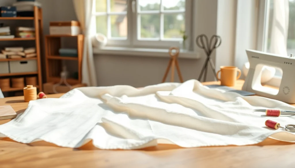 Werk met dunne katoen stof en naaigereedschap in een serene omgeving.