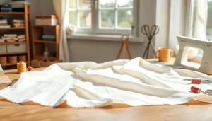 Werk met dunne katoen stof en naaigereedschap in een serene omgeving.