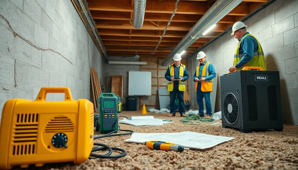 Crawl Space Restoration process featuring professionals inspecting and restoring moisture levels.