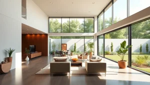 Design by a luxury home architect Boston showcasing a modern, bright interior with lush outdoors.