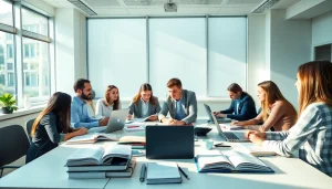 Group of students engaged in certification exam support discussion in a bright classroom.