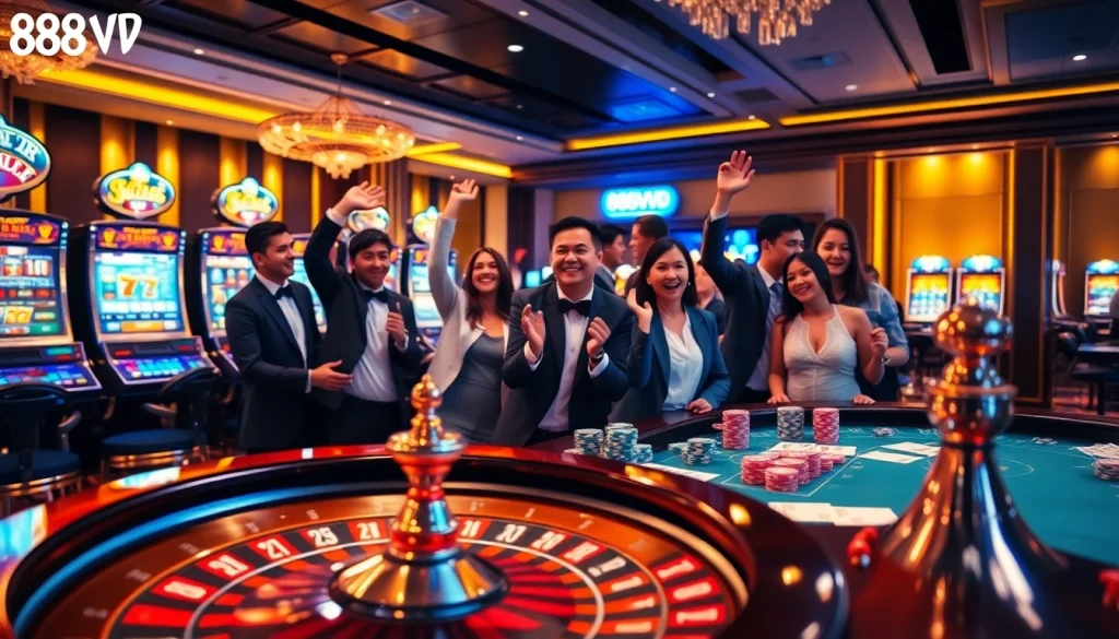 Experience the thrill of casino gaming at 888VND with vibrant tables and slot machines.