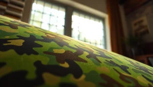 Bekijk de veelzijdigheid van legerprint stof met gedetailleerde texturen en kleuren.