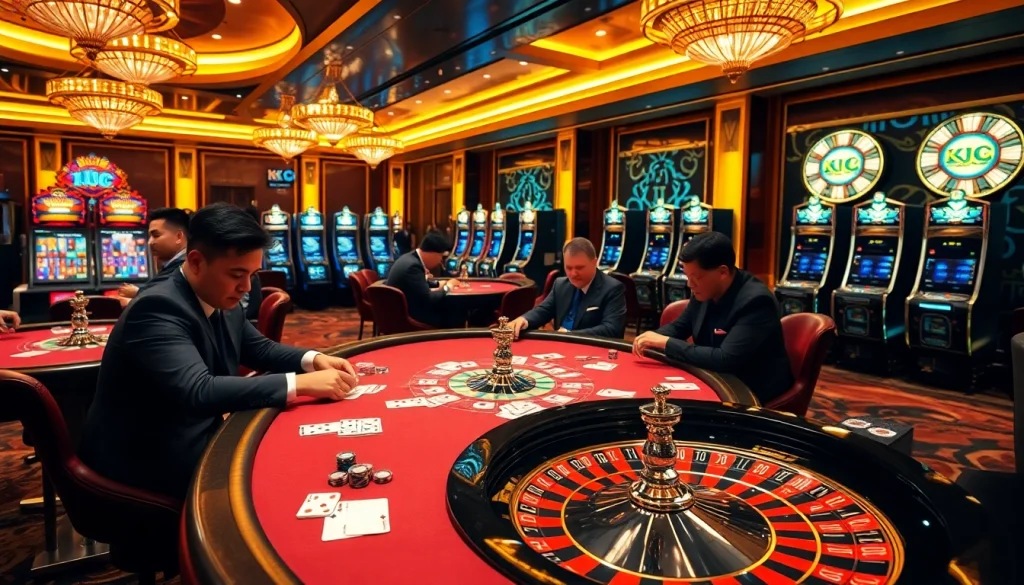 KJC COM players enjoying a vibrant casino atmosphere with poker games and roulette.