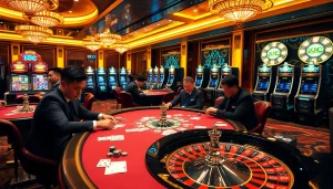 KJC COM players enjoying a vibrant casino atmosphere with poker games and roulette.