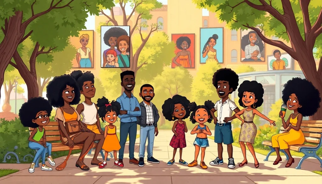 A celebration of African American Cartoons featuring iconic characters in a vibrant urban park.