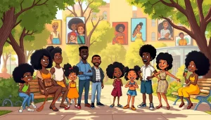 A celebration of African American Cartoons featuring iconic characters in a vibrant urban park.