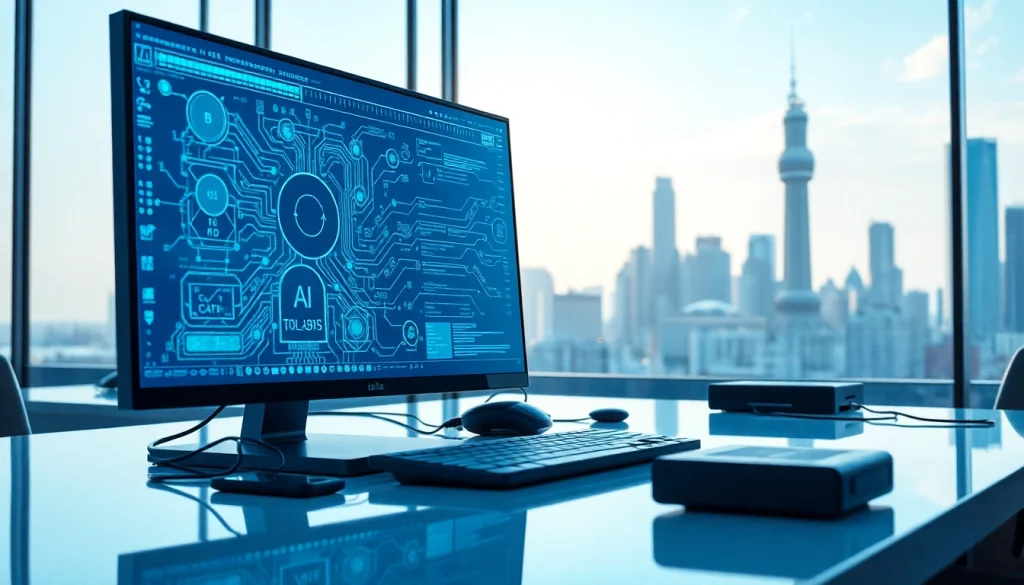 Wizualizacja zastosowania lokalne AI w nowoczesnym miejscu pracy z komputerem i technologią.