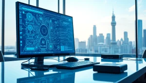 Wizualizacja zastosowania lokalne AI w nowoczesnym miejscu pracy z komputerem i technologią.