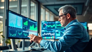 Engaging visuals in competitive intelligence faqs featuring a professional analyst with data dashboards.