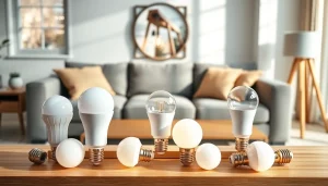 Showcase of LED A19 bulbs illuminating a stylish contemporary living room.