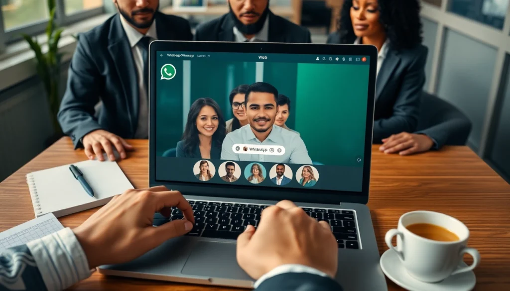 WhatsApp Web interface displayed on a laptop, showcasing seamless video calling and messaging for business communication.