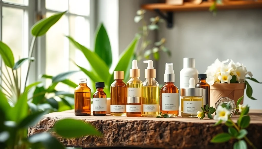 prirodna kozmetika na drvenoj površini okružena zelenilom.